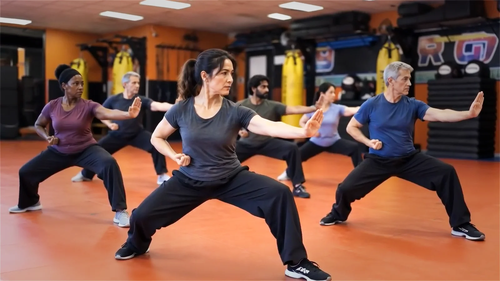 Adults practising Kung Fu in a class